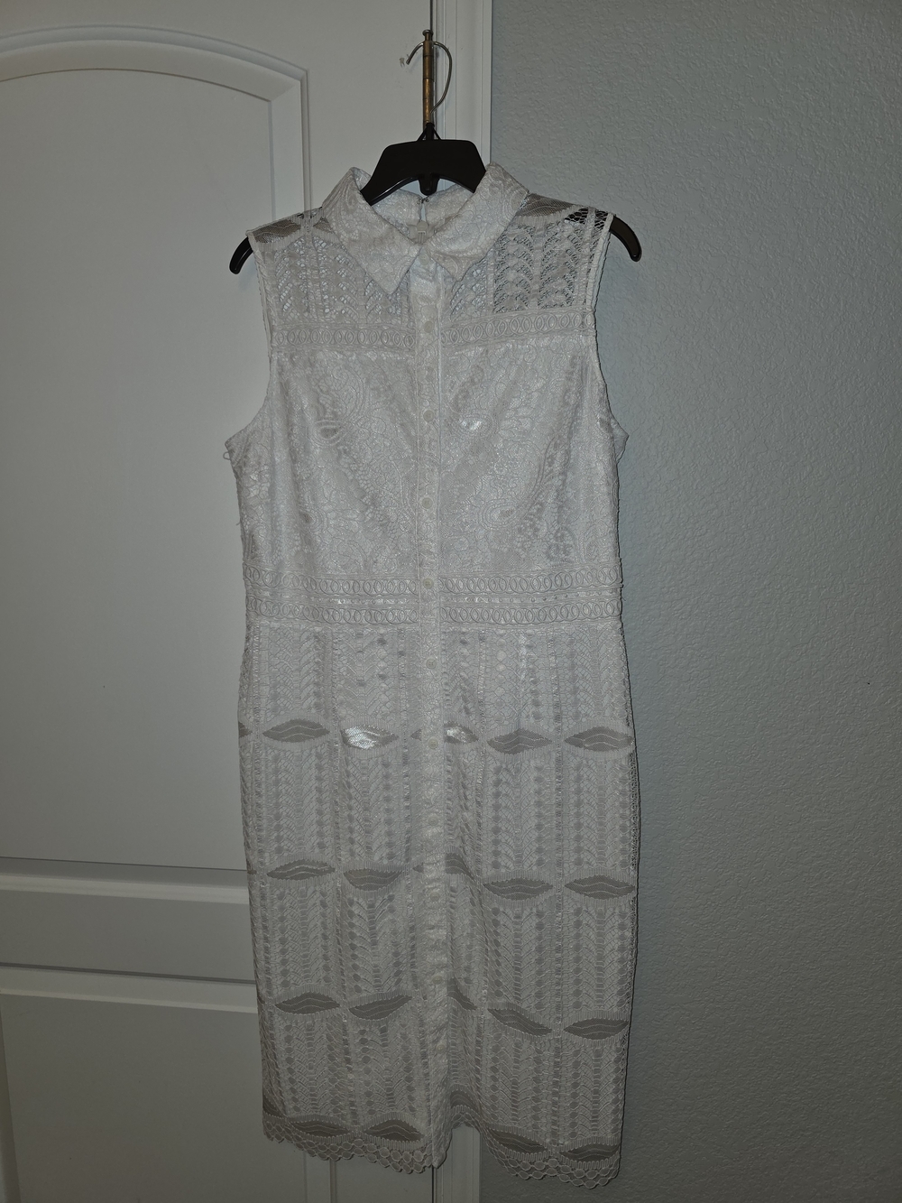 eva mendes for New York & Company White Sleeveless Lace Midi Dress with Collar